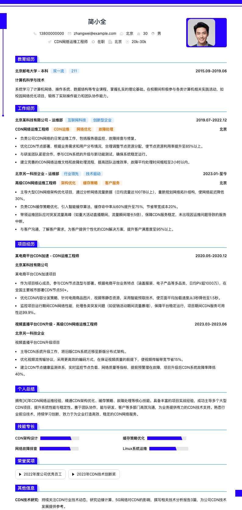 CDN网络运维工程师简历模板