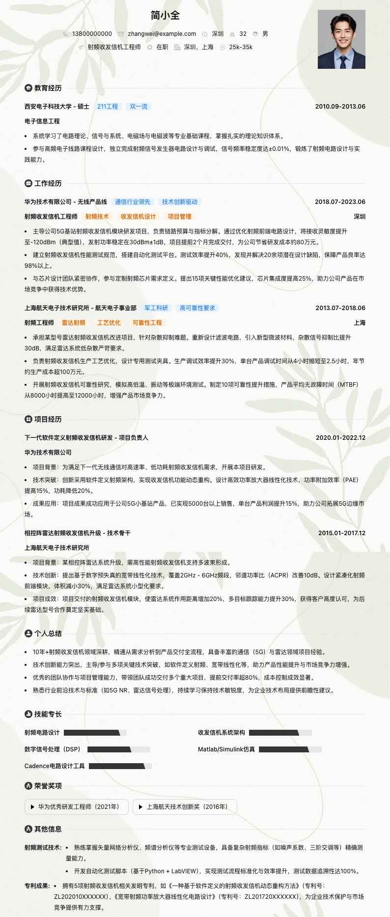 射频收发信机工程师简历模板