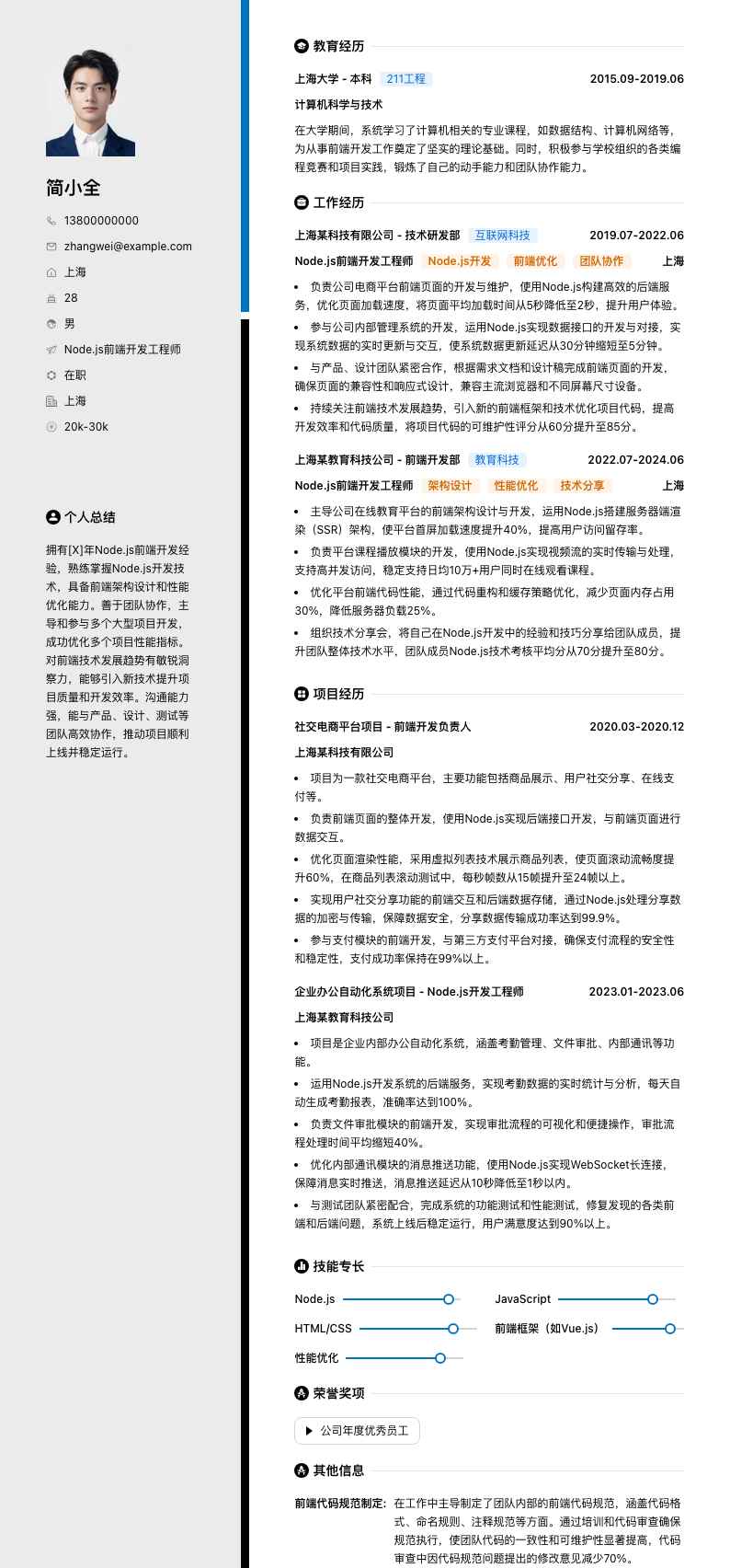 Node.js前端开发工程师简历模板
