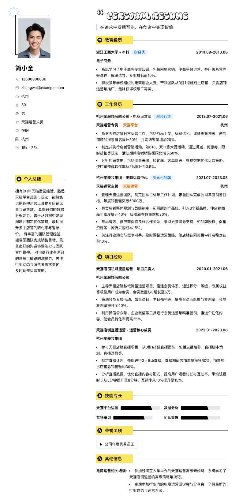 天猫运营人员简历模板