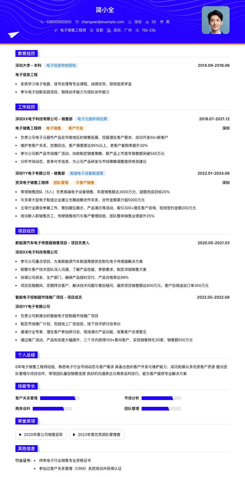 电子销售工程师简历模板
