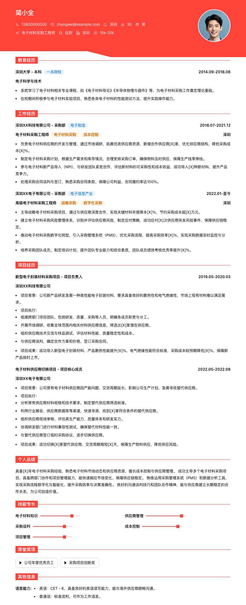电子材料采购工程师简历模板