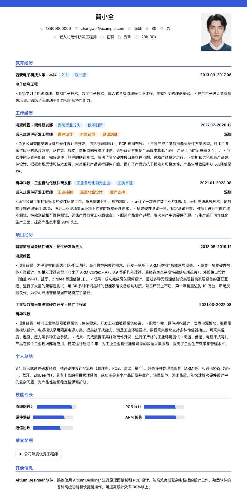 嵌入式硬件研发工程师简历模板