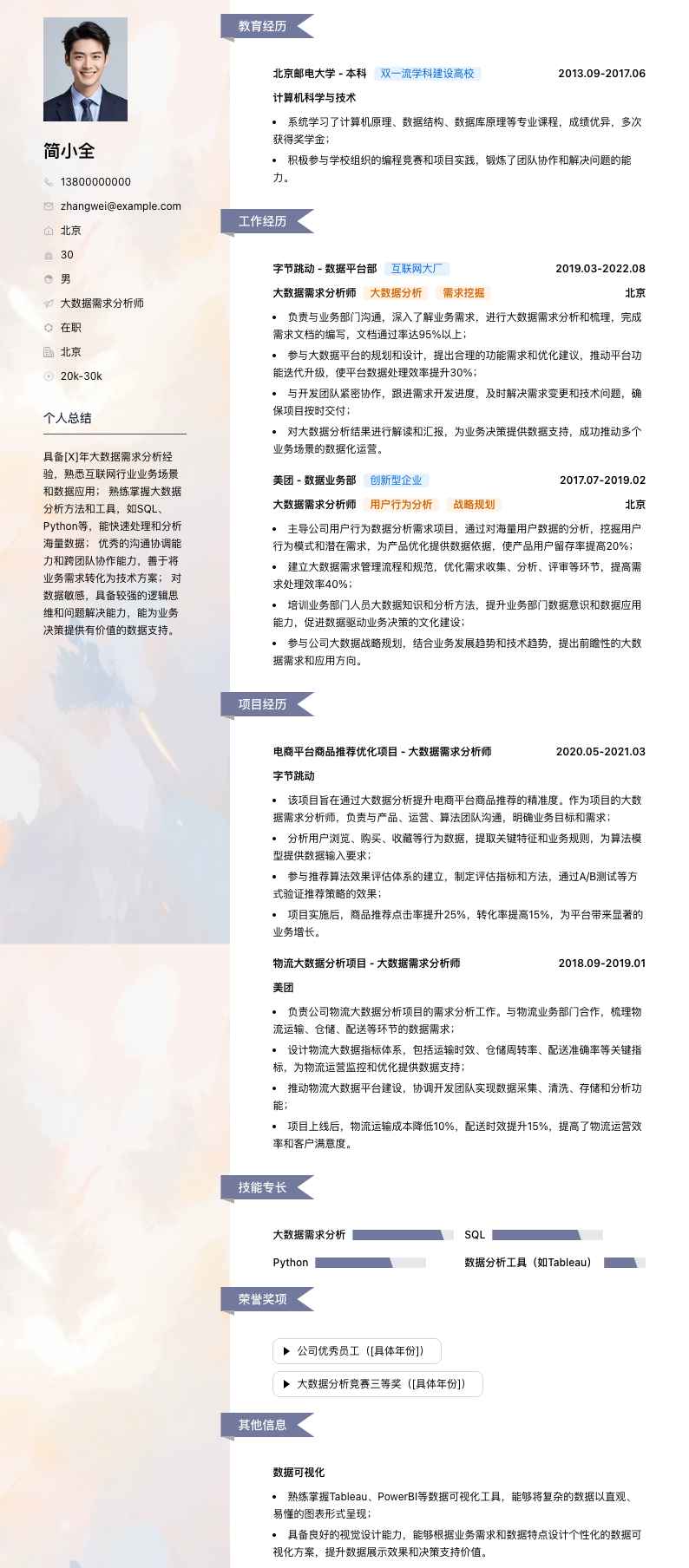 大数据需求分析师简历模板