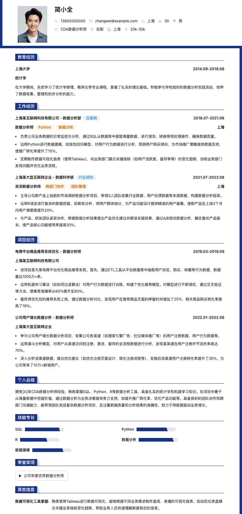 cda数据分析师简历模板