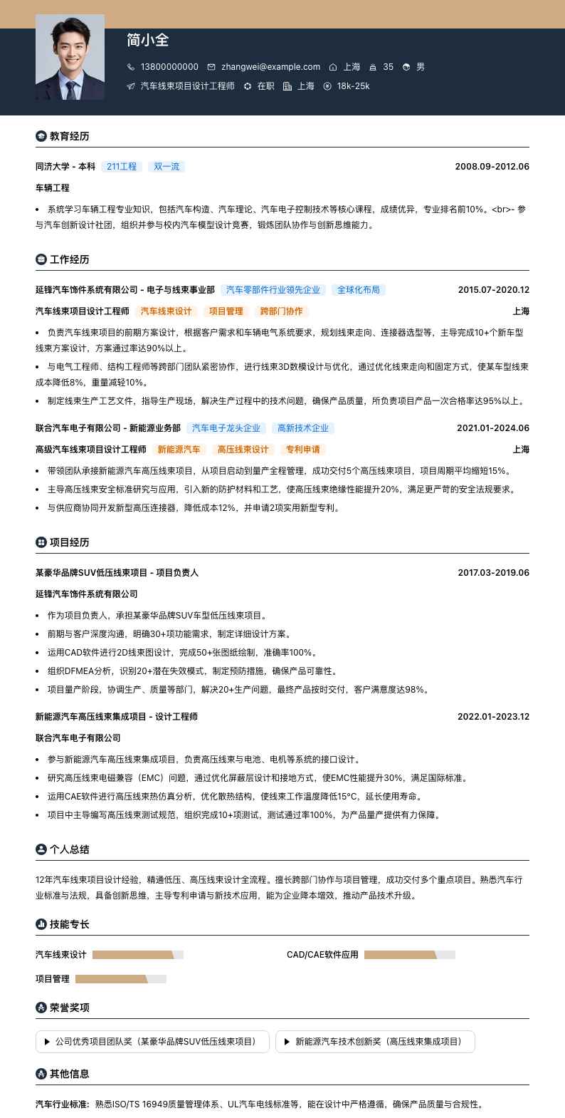 汽车线束项目设计工程师简历模板