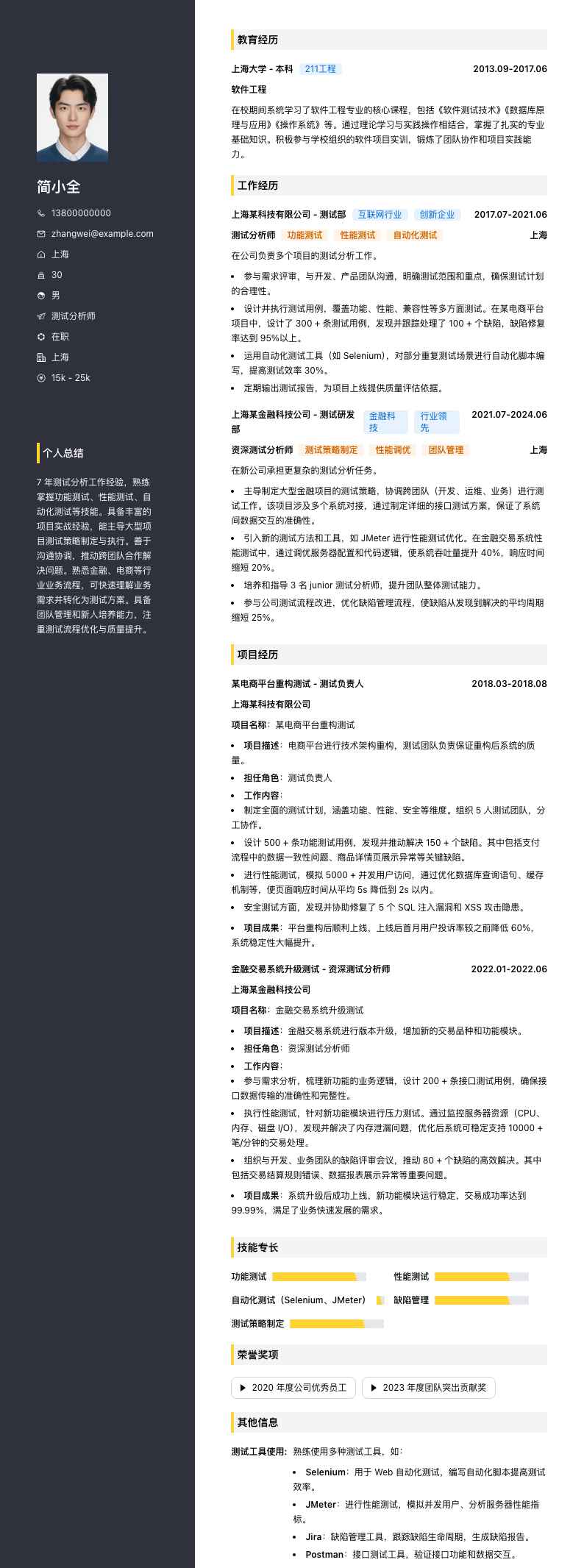 测试分析师简历模板