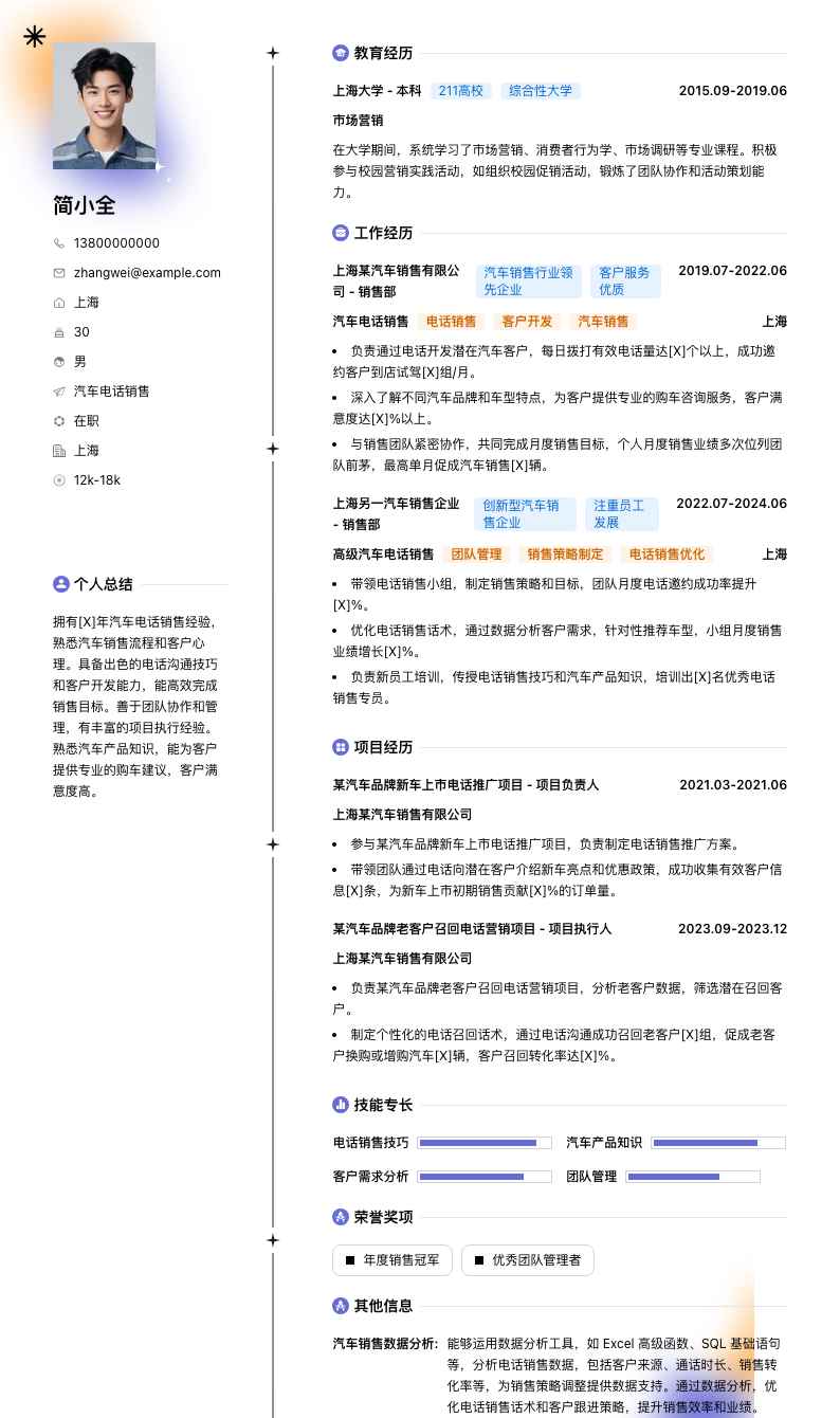 汽车电话销售简历模板