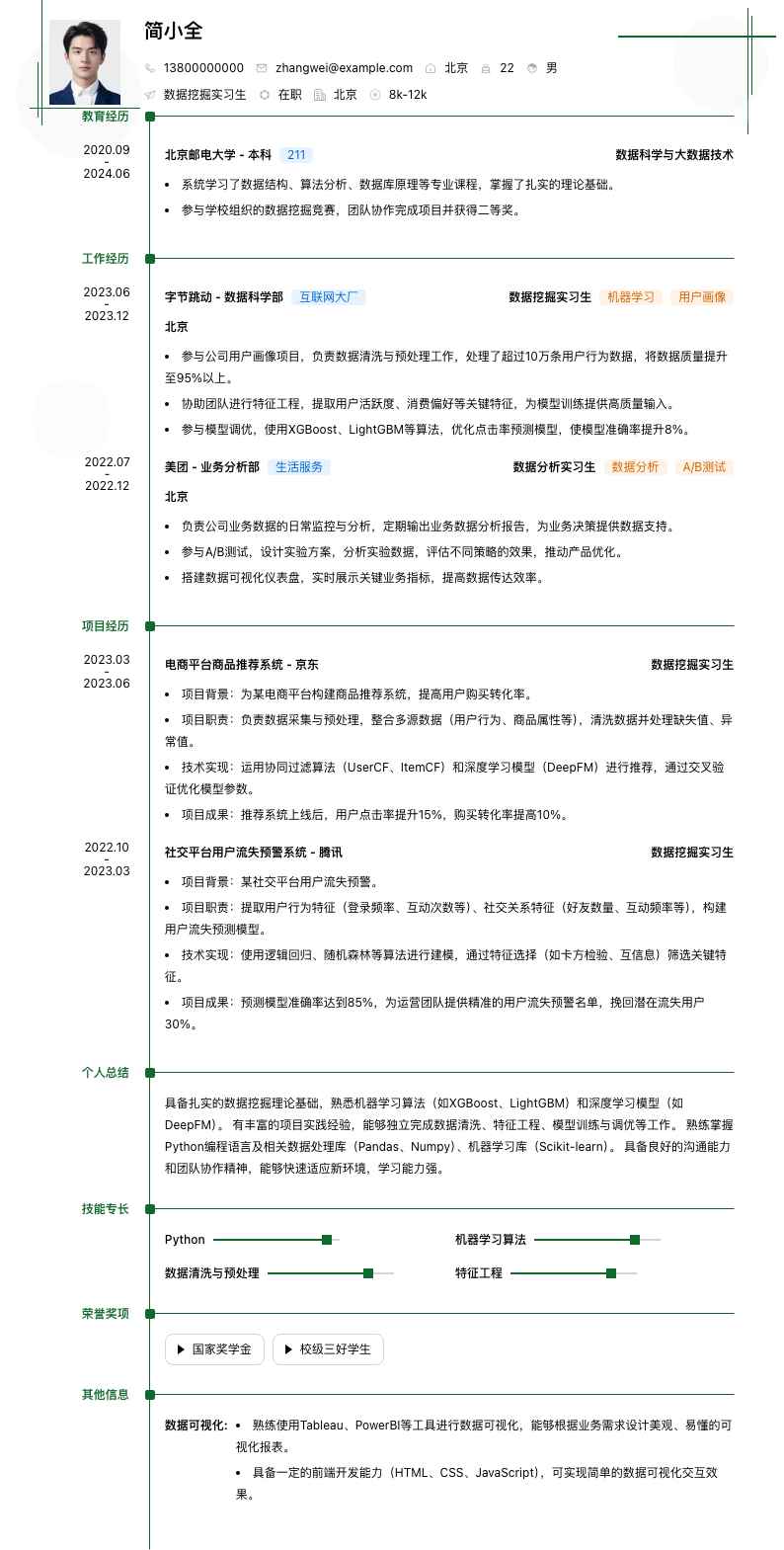 数据挖掘实习生简历模板