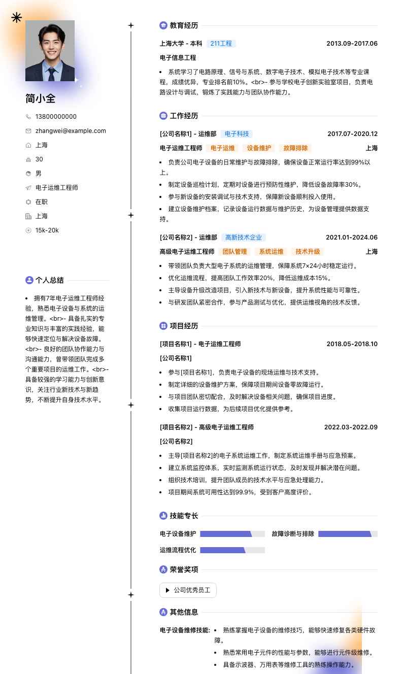 电子运维工程师简历模板