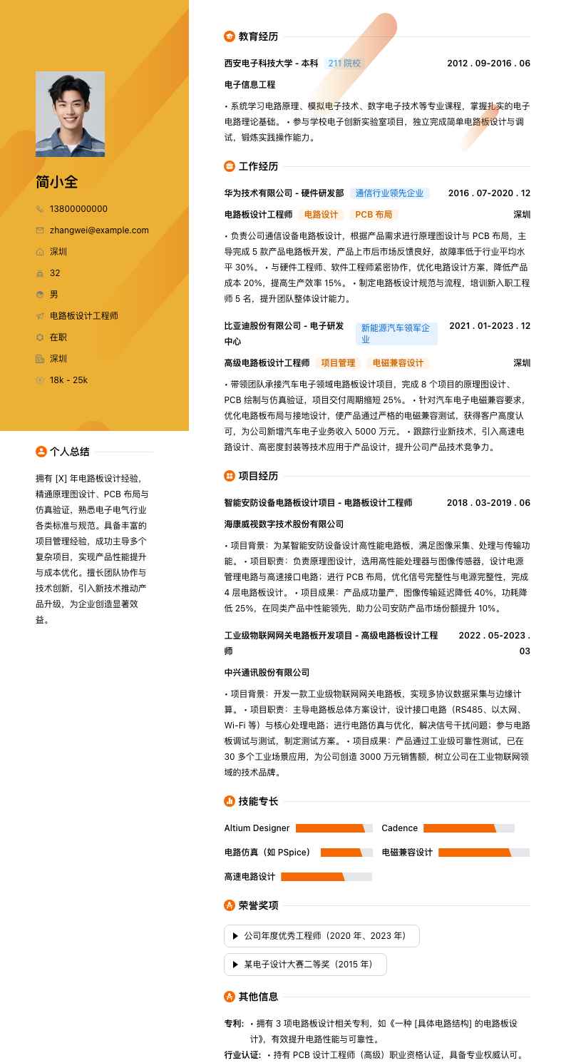 电路板设计工程师简历模板