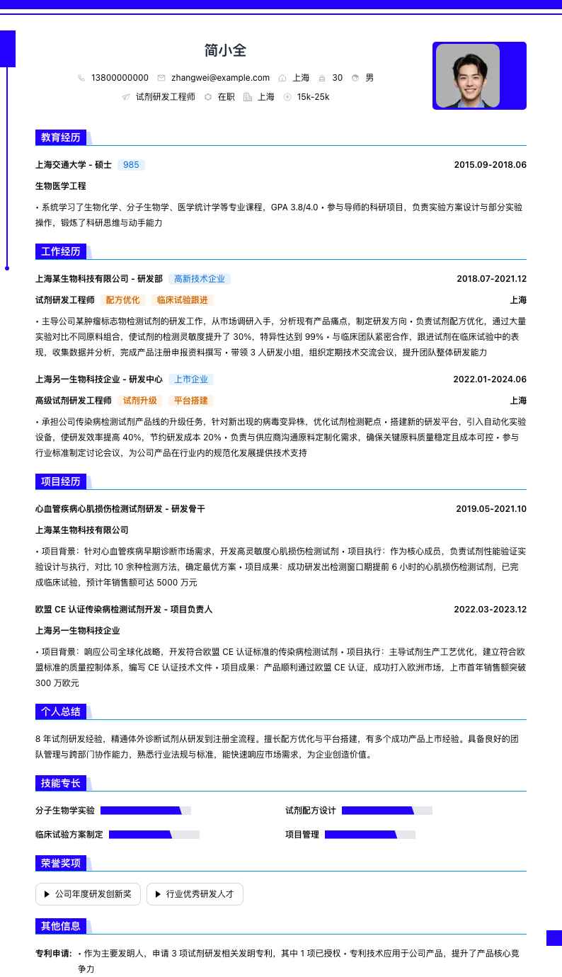 试剂研发简历模板