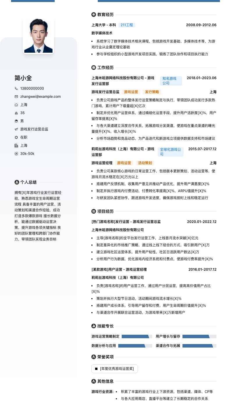 游戏发行运营总监简历模板