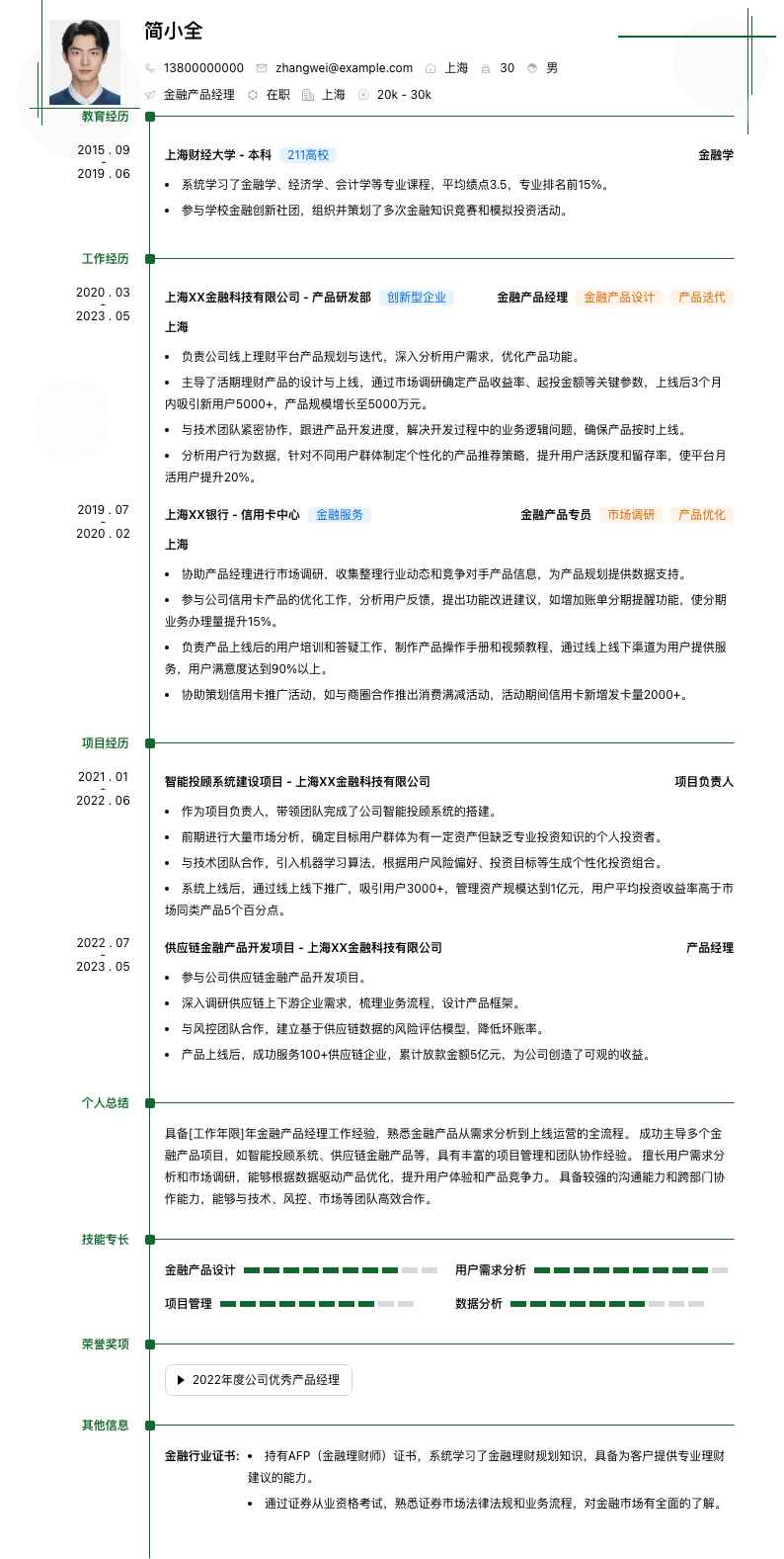 金融产品经理简历模板