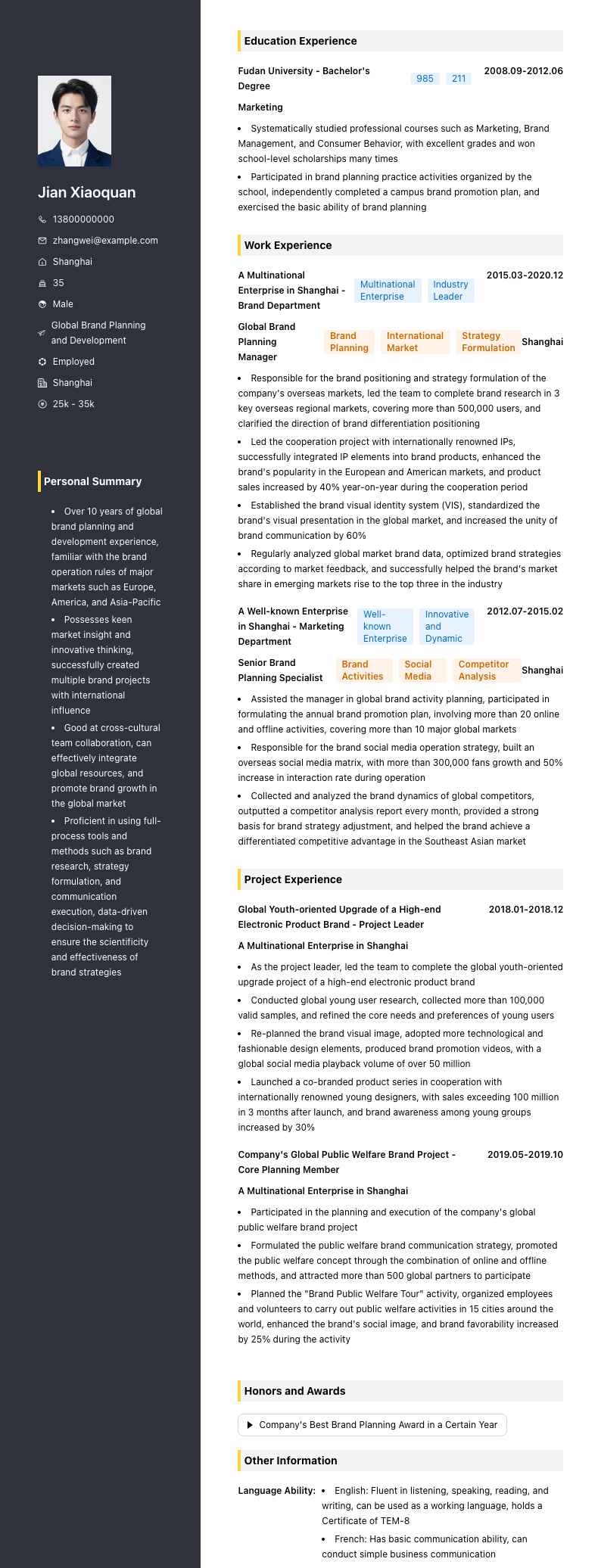 全球品牌策划简历模板