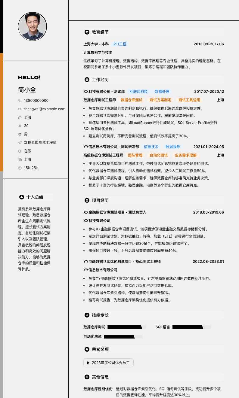 数据仓库测试工程师简历模板