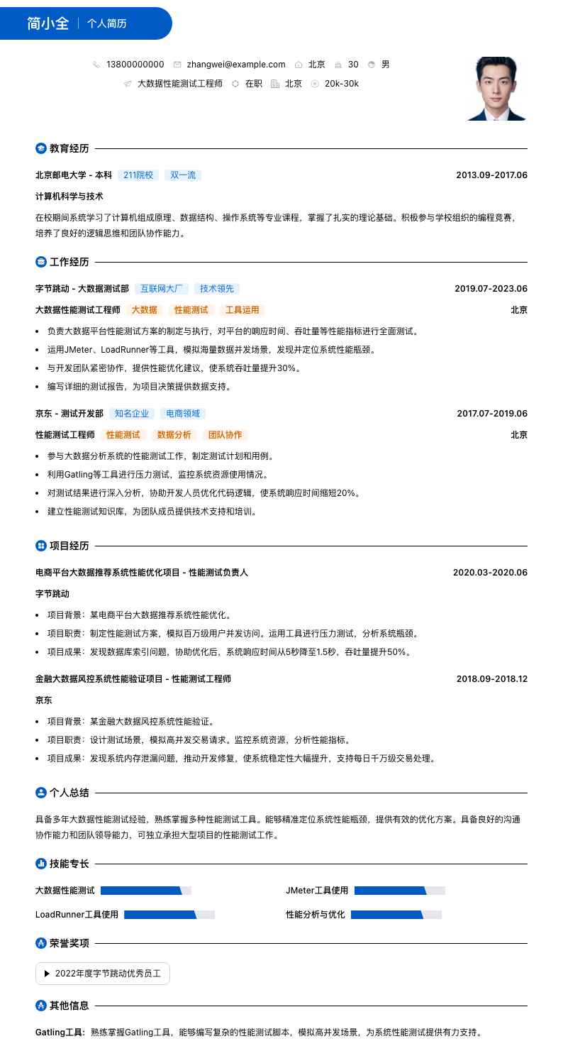 大数据性能测试工程师简历模板