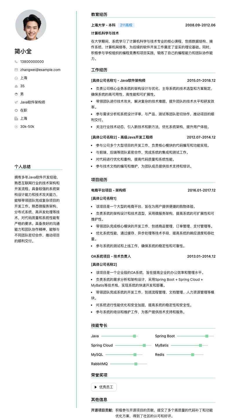 java软件架构师简历模板