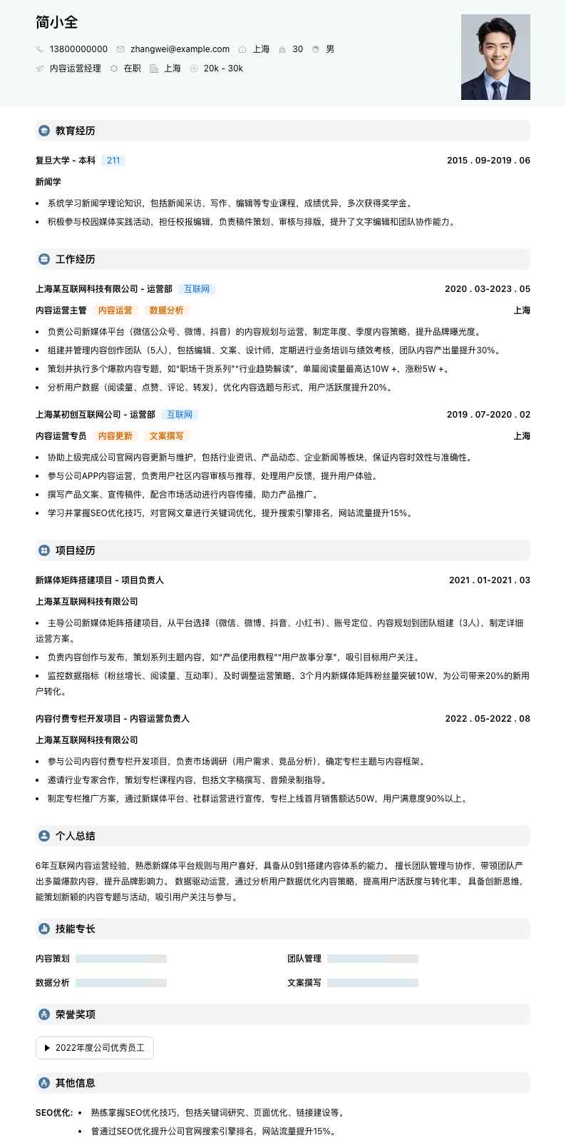 内容运营经理简历模板