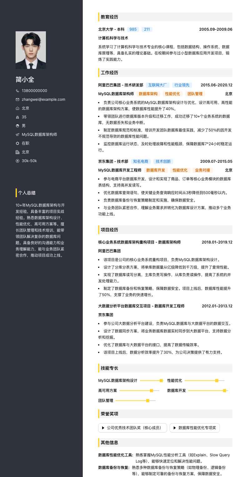 MySQL数据库架构师简历模板