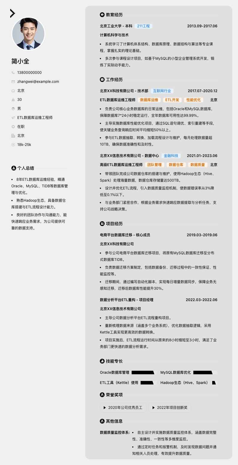 ETL数据库运维工程师简历模板