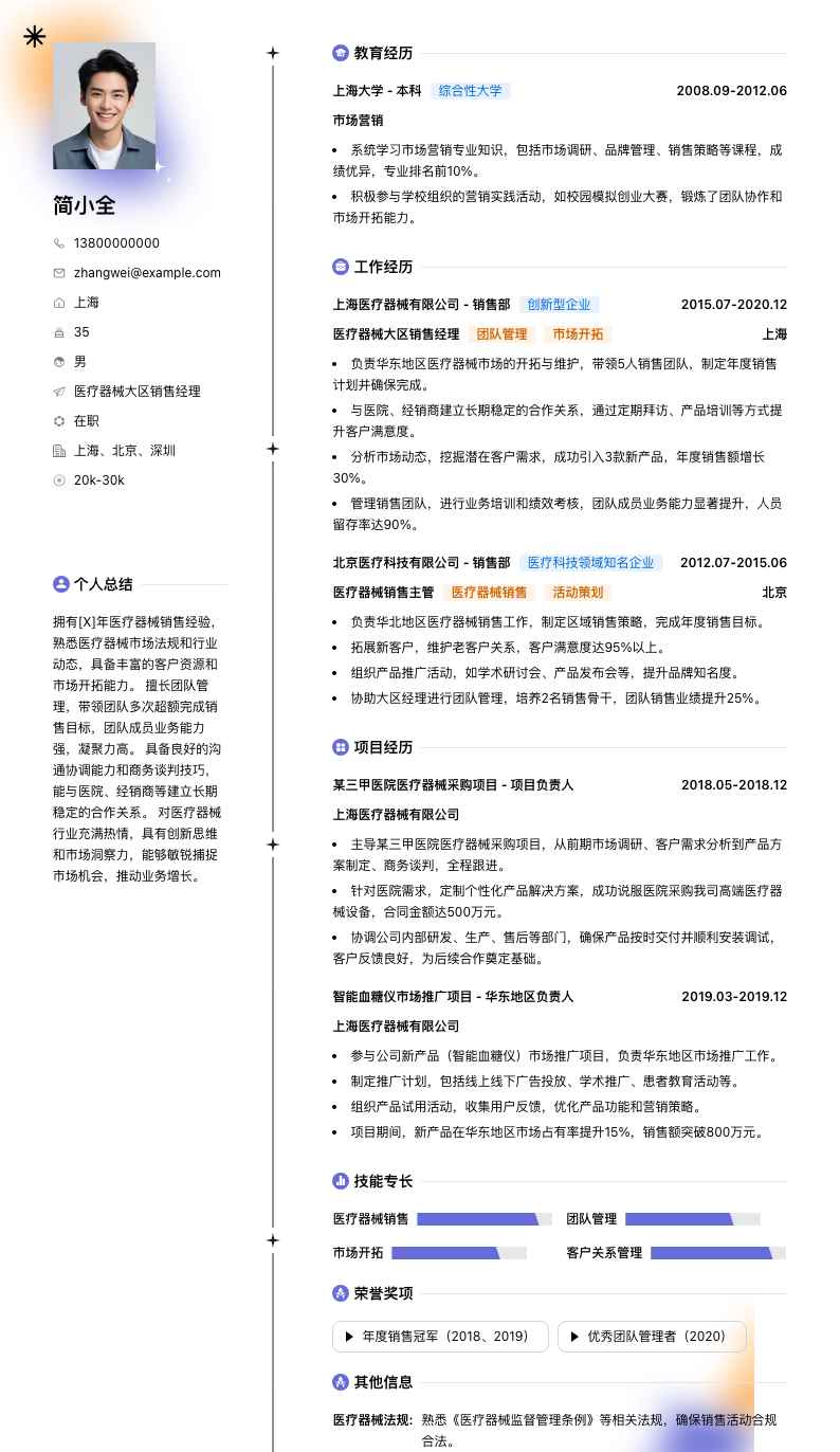 医疗器械大区销售经理简历模板