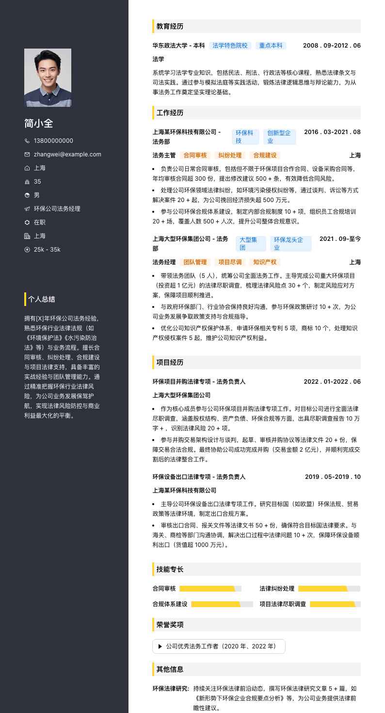 环保公司法务经理简历模板
