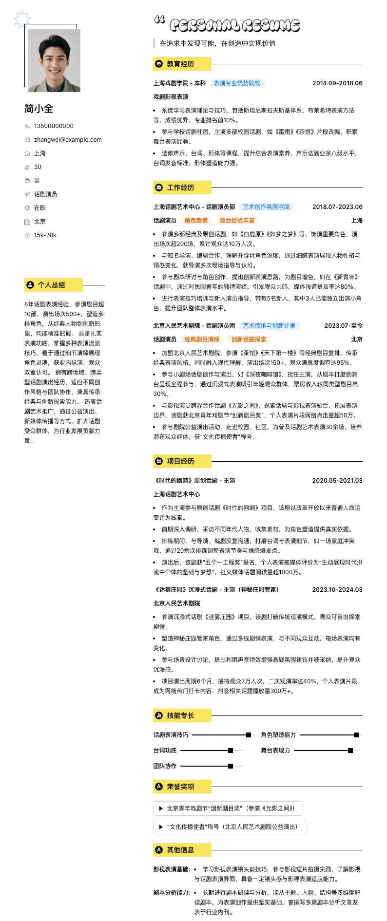 话剧演员简历模板