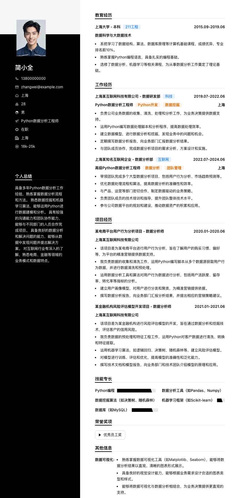 python数据分析工程师简历模板