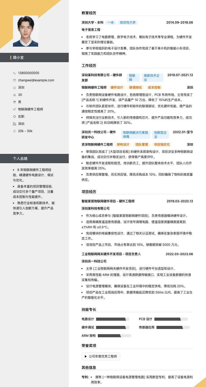 物联网硬件工程师简历模板