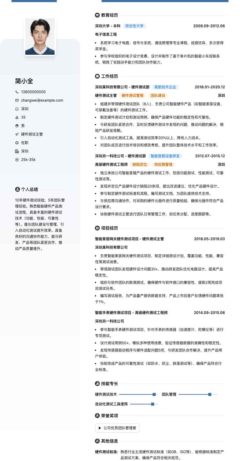 硬件测试主管简历模板