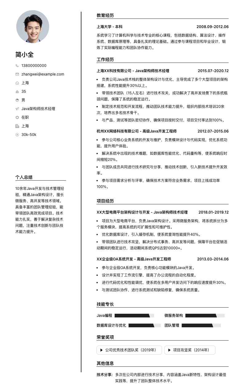 java架构师技术经理简历模板