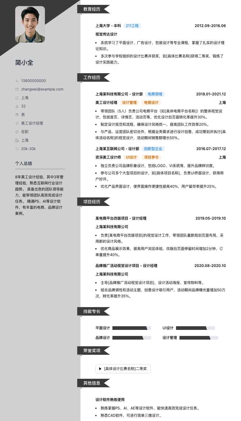 美工设计经理简历模板