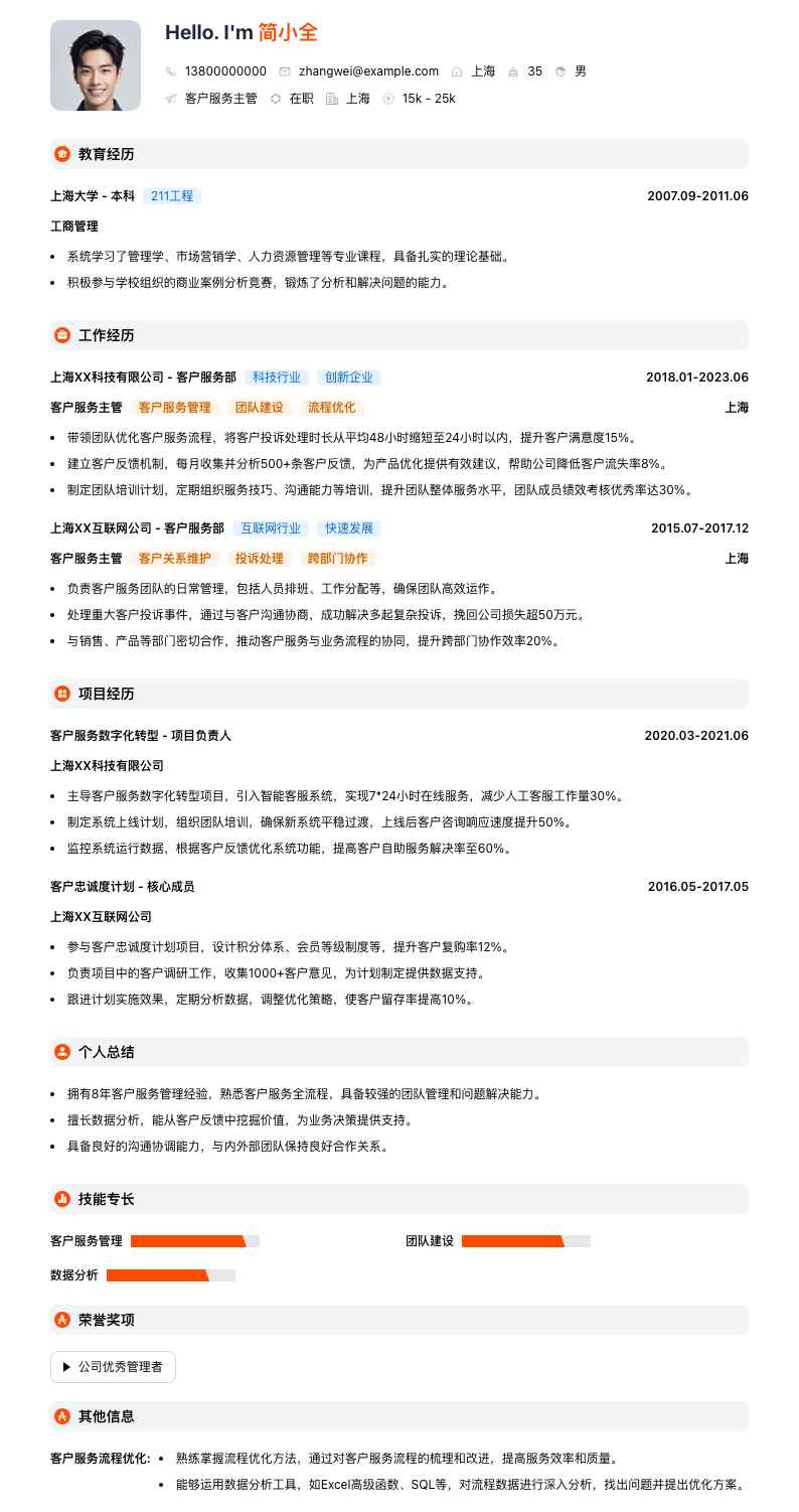 客户服务主管简历模板