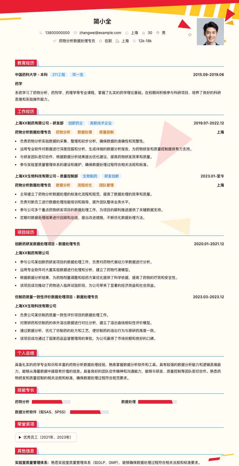药物分析数据处理专员简历模板