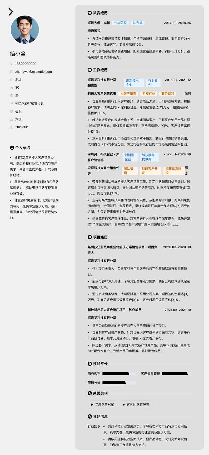 科技大客户销售代表简历模板