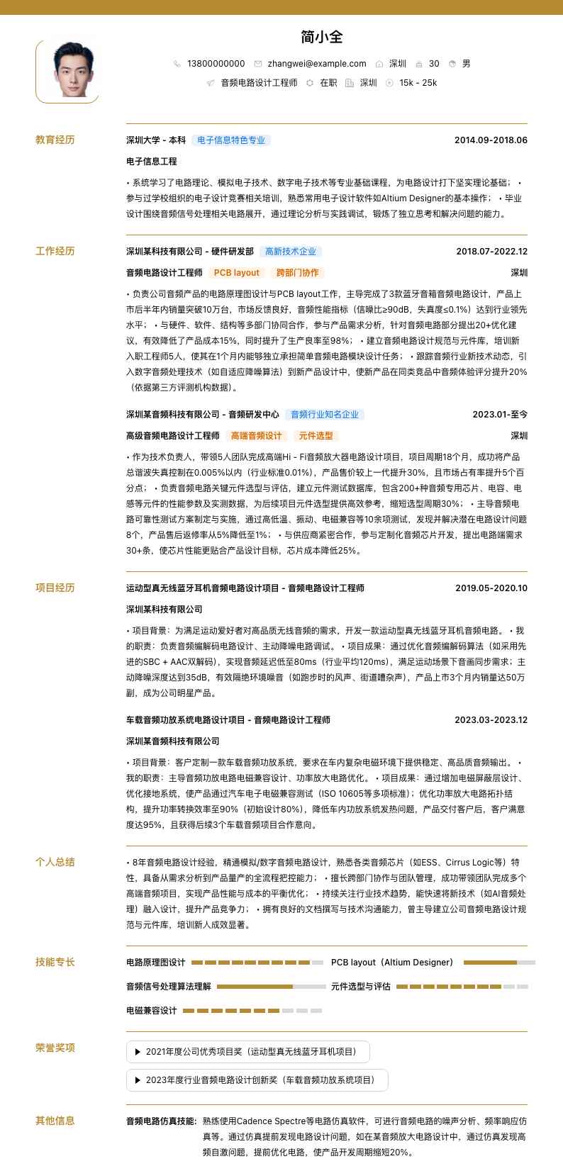 音频电路设计工程师简历模板