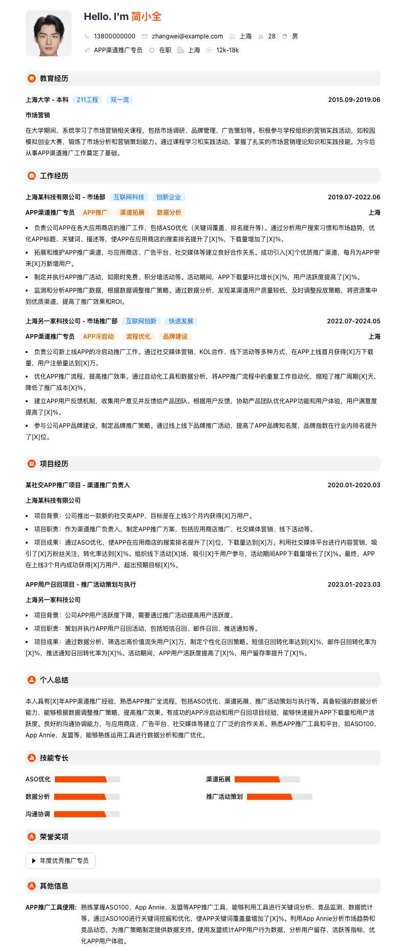 APP渠道推广专员简历模板