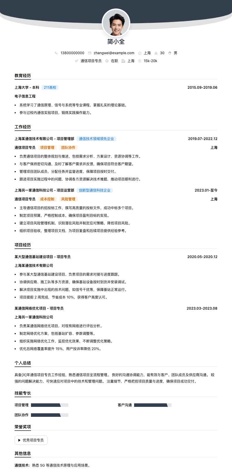 通信项目专员简历模板