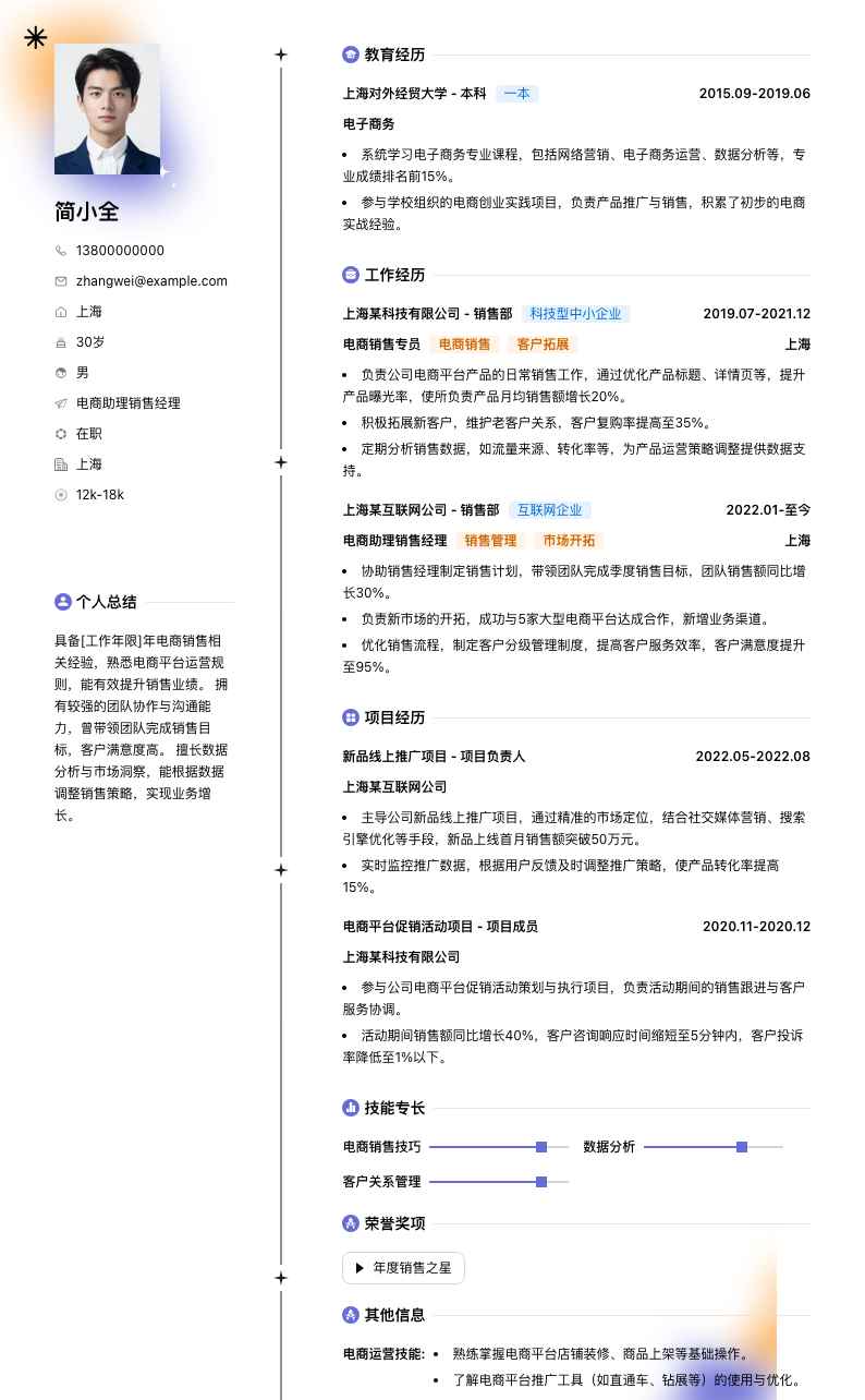 电商助理销售经理简历模板