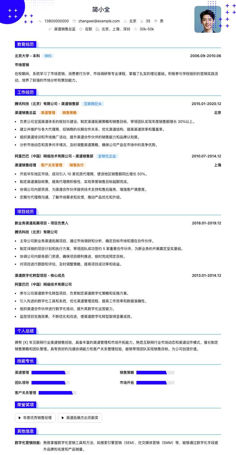 渠道销售总监简历模板