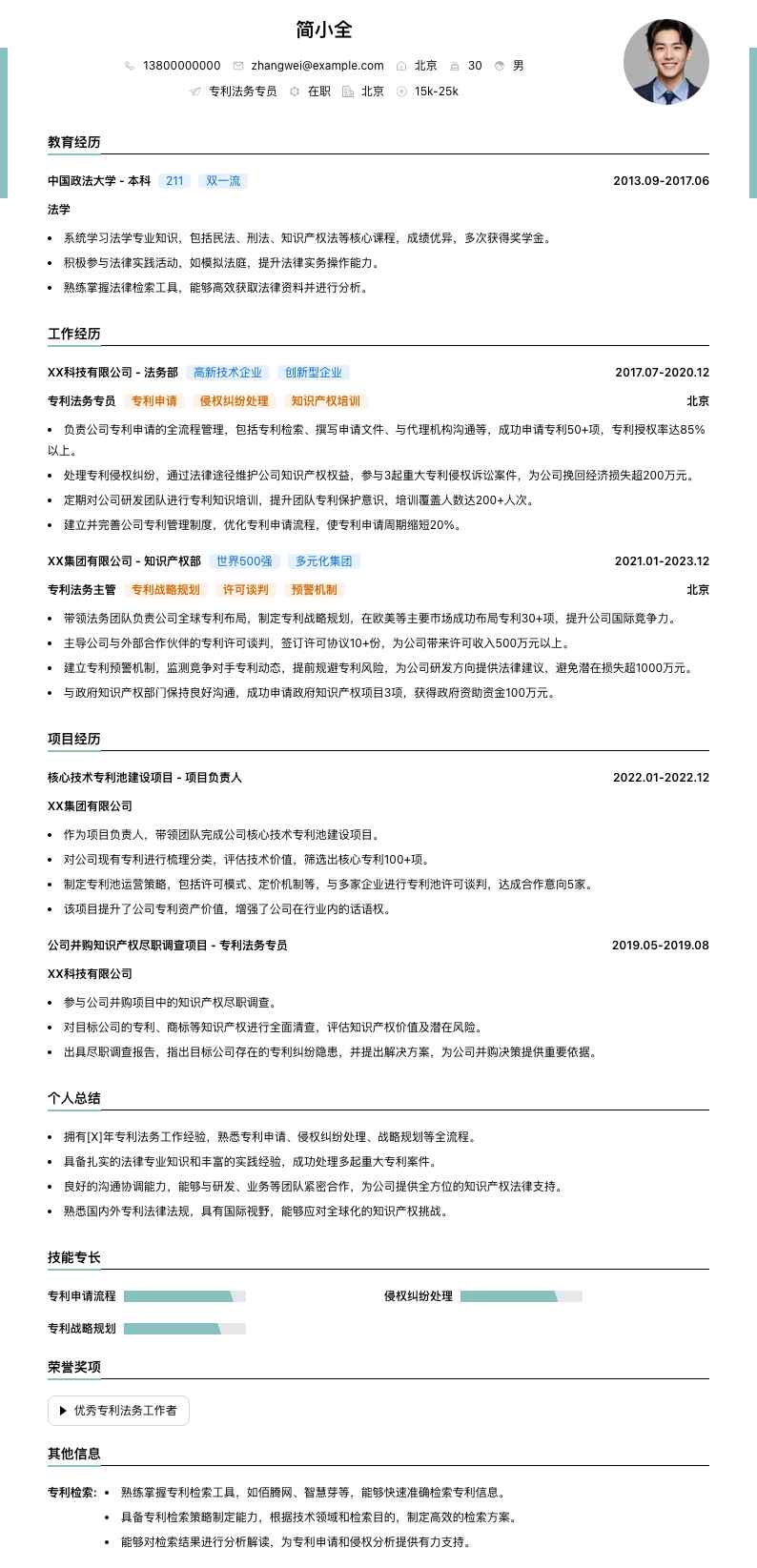 专利法务专员简历模板