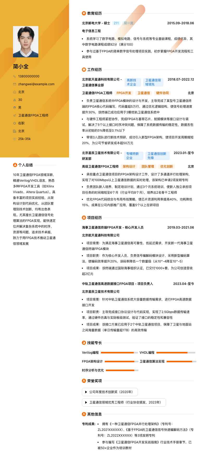 卫星通信FPGA工程师简历模板