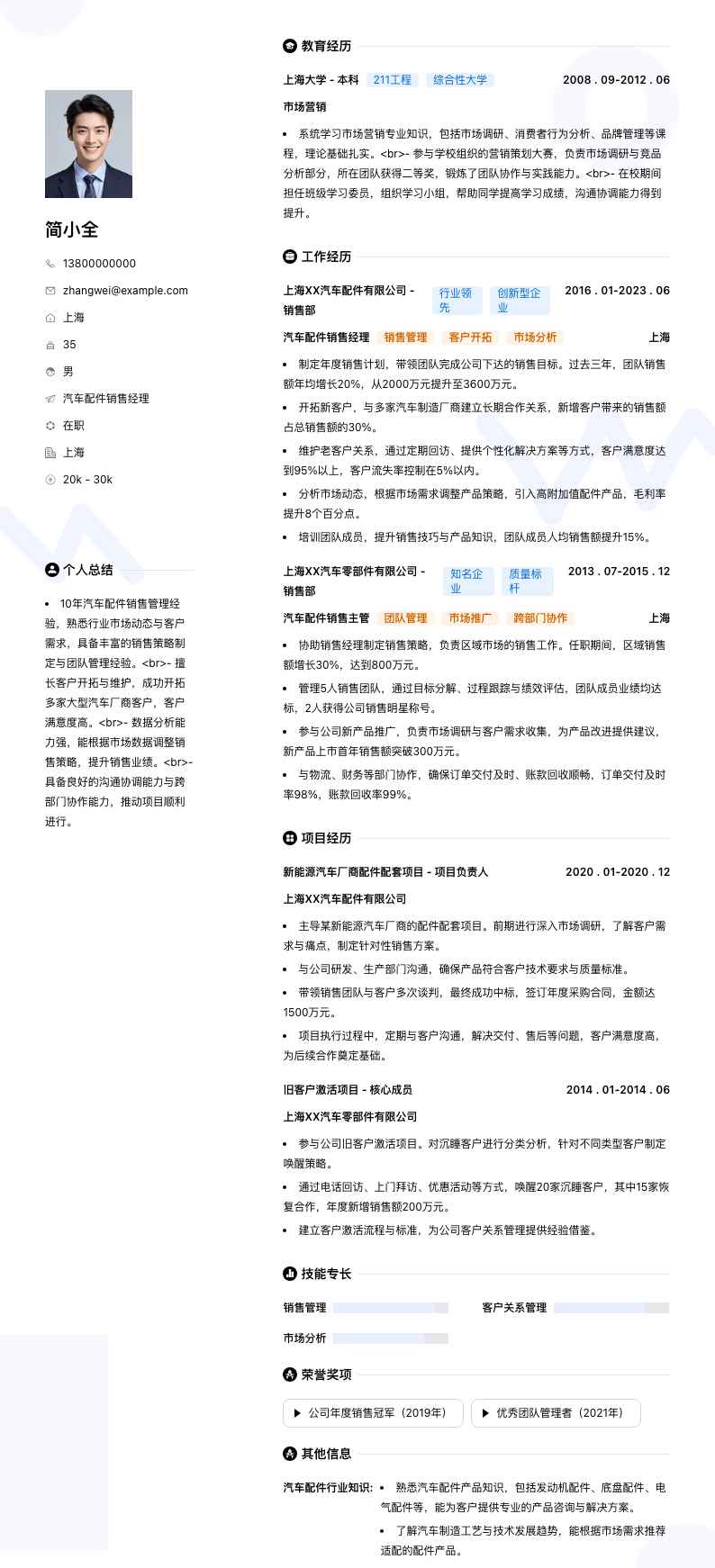 汽车配件销售经理简历模板