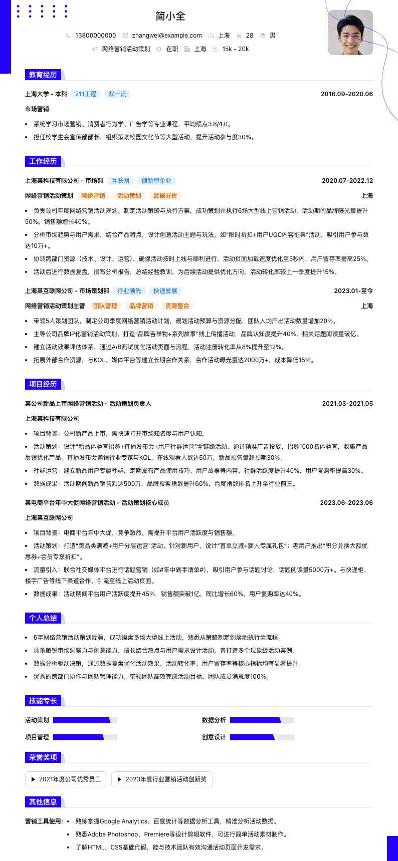 网络营销活动策划简历模板