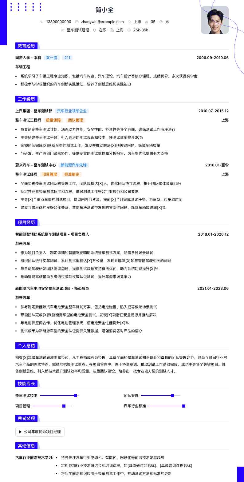 整车测试经理简历模板
