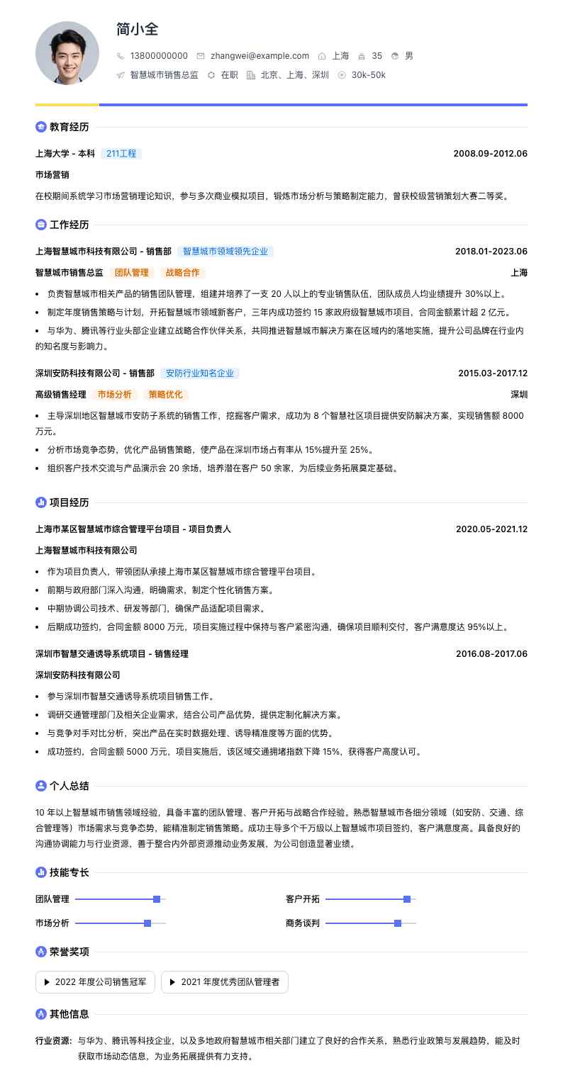 智慧城市销售总监简历模板