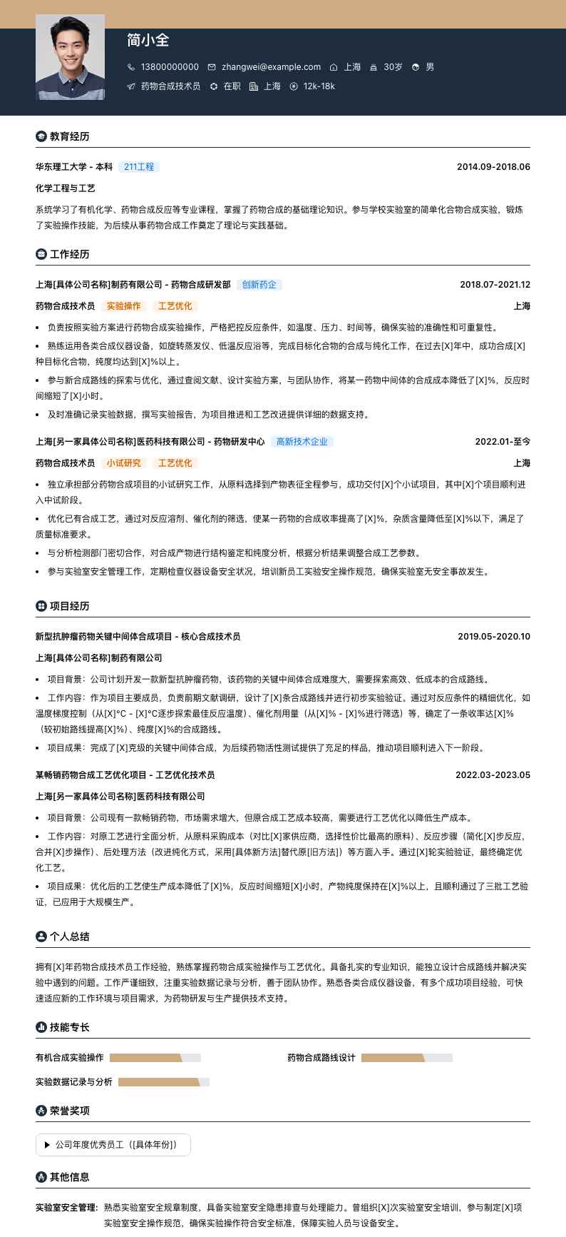 药物合成技术员简历模板