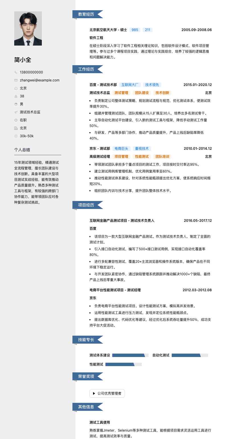 测试技术总监简历模板