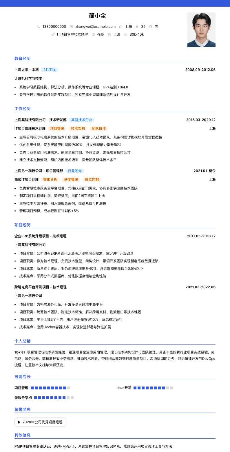 IT 项目管理技术经理简历模板